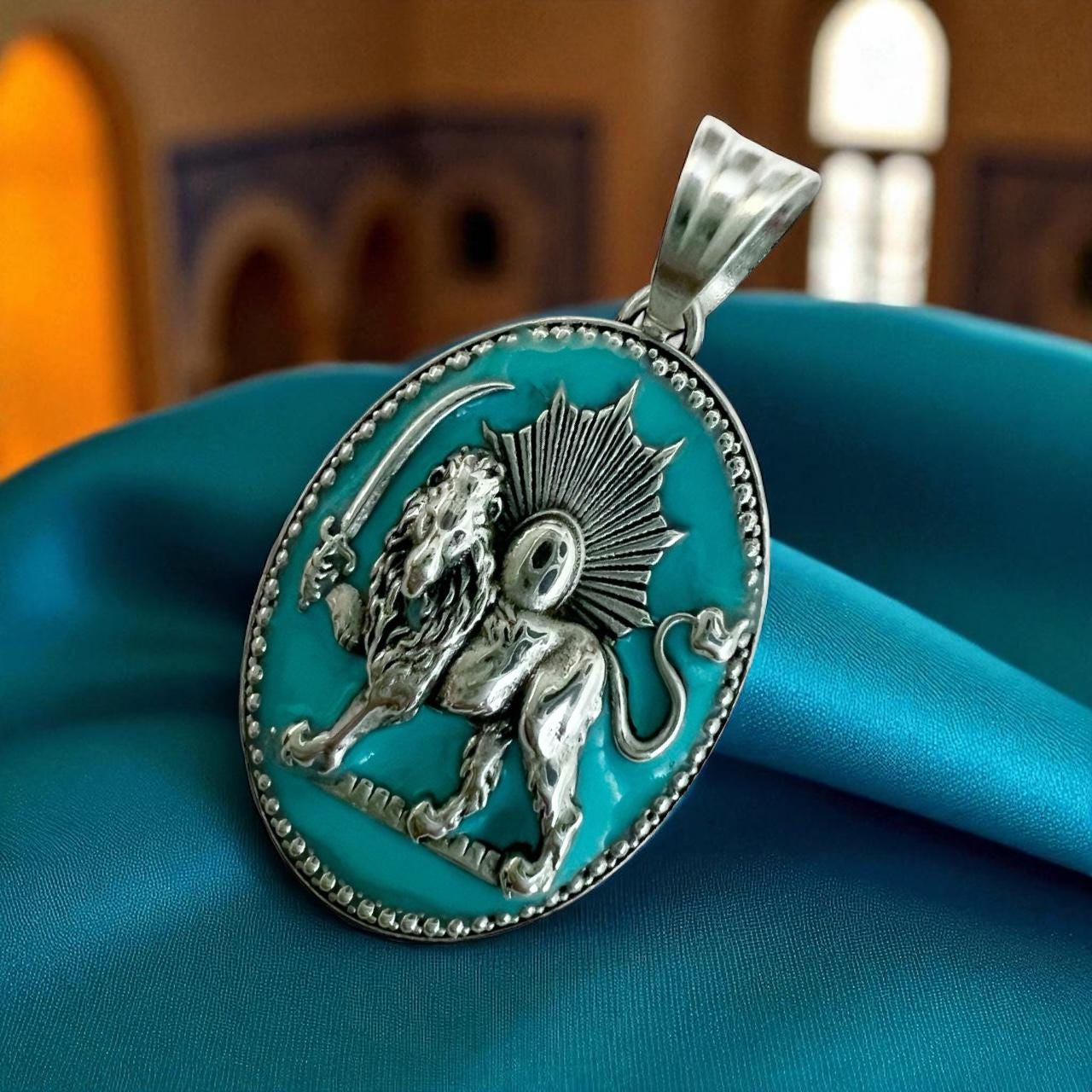 Turquoise Lion & Sun Sterling Silver Pendant: Persian Pahlavi Farsi Mythology Pendant