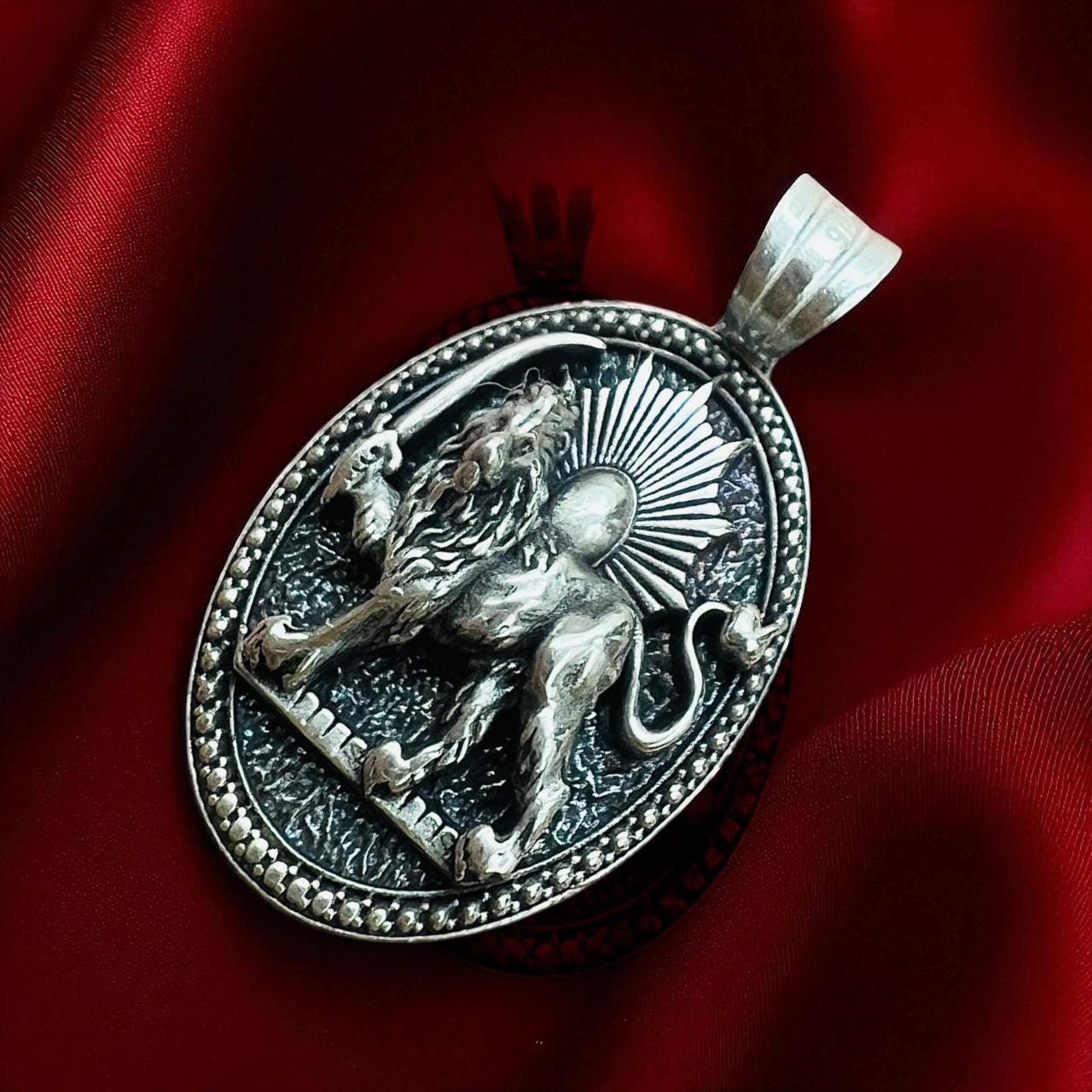 Sterling Silver Lion & Sun Pendant: Persian Mythology Necklace