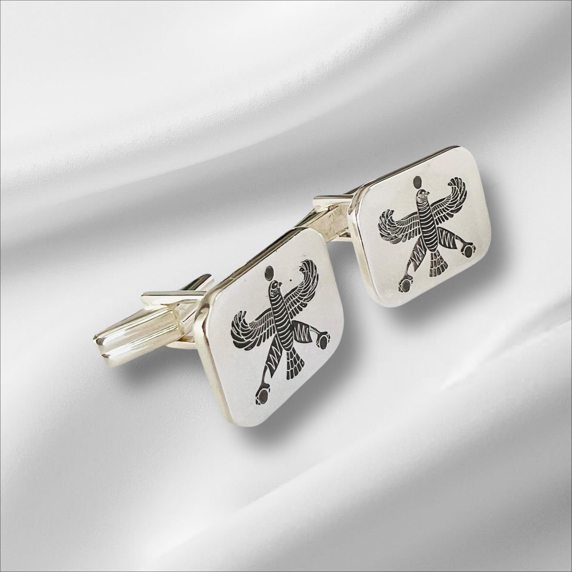 Sterling Silver Falcon Eagle Cufflinks: Persian Empire Achaemenid Jewelry