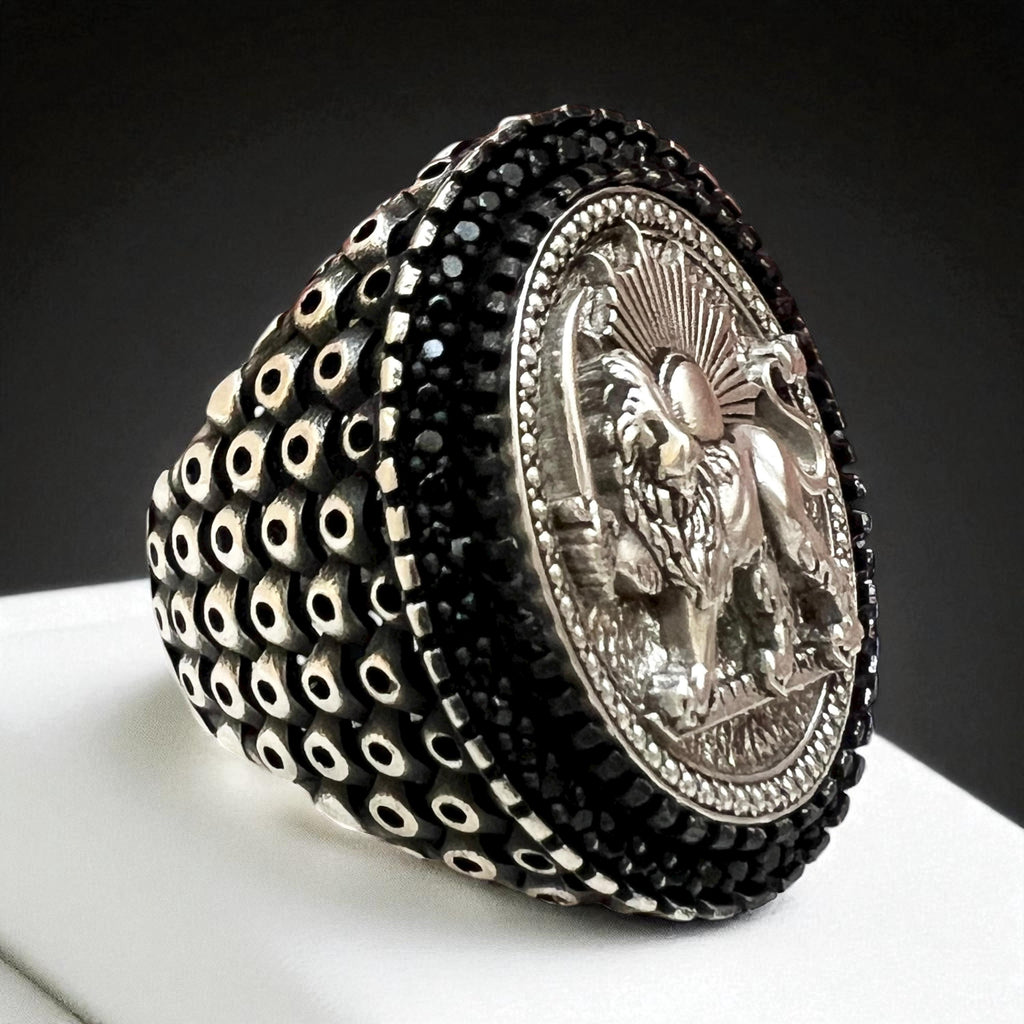 Pahlavi Lion & Sun 925 Silver Ring - Persian Coat of Arms,Middle East Farsi