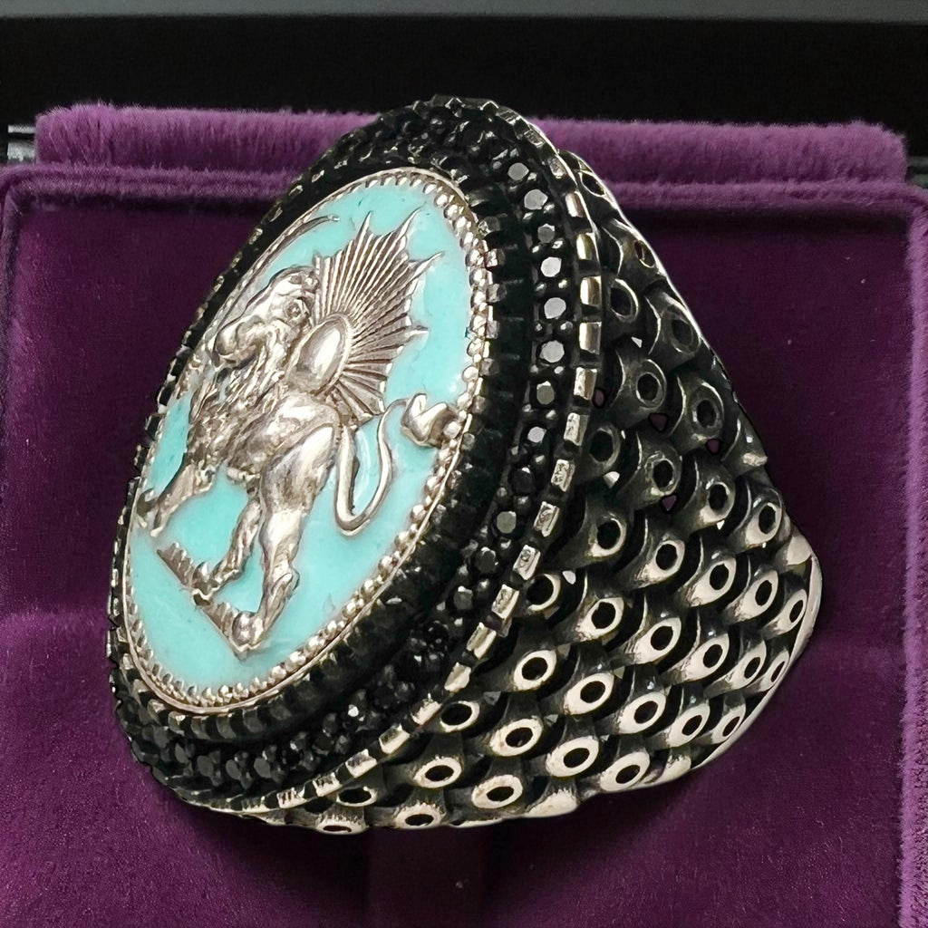 Turquoise Pahlavi Lion & Sun 925 Silver Ring - Persian Coat of Arms,Middle East Farsi,Made in Turkey