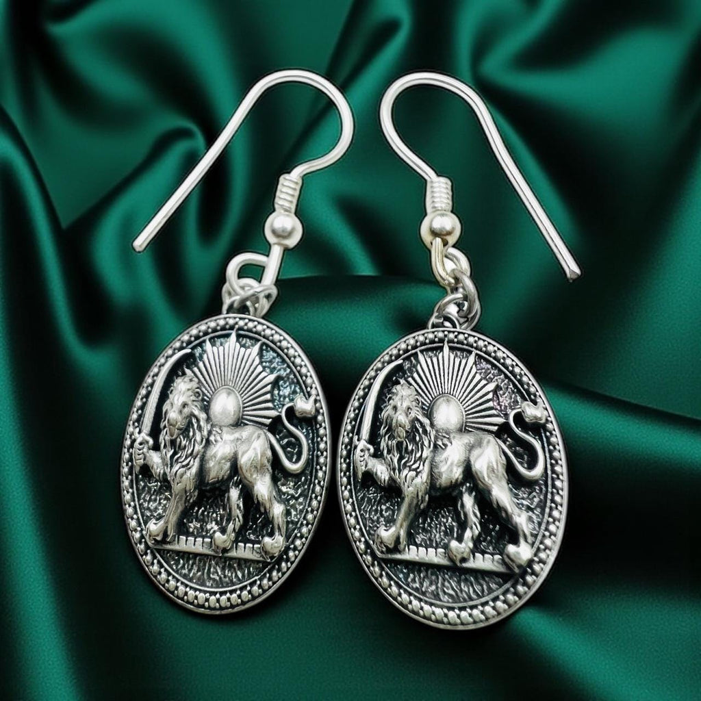 Sterling Silver Lion & Sun Earrings: Persian Pahlavi Jewelry, 925 Silver Ancient Symbol Dangle Gift