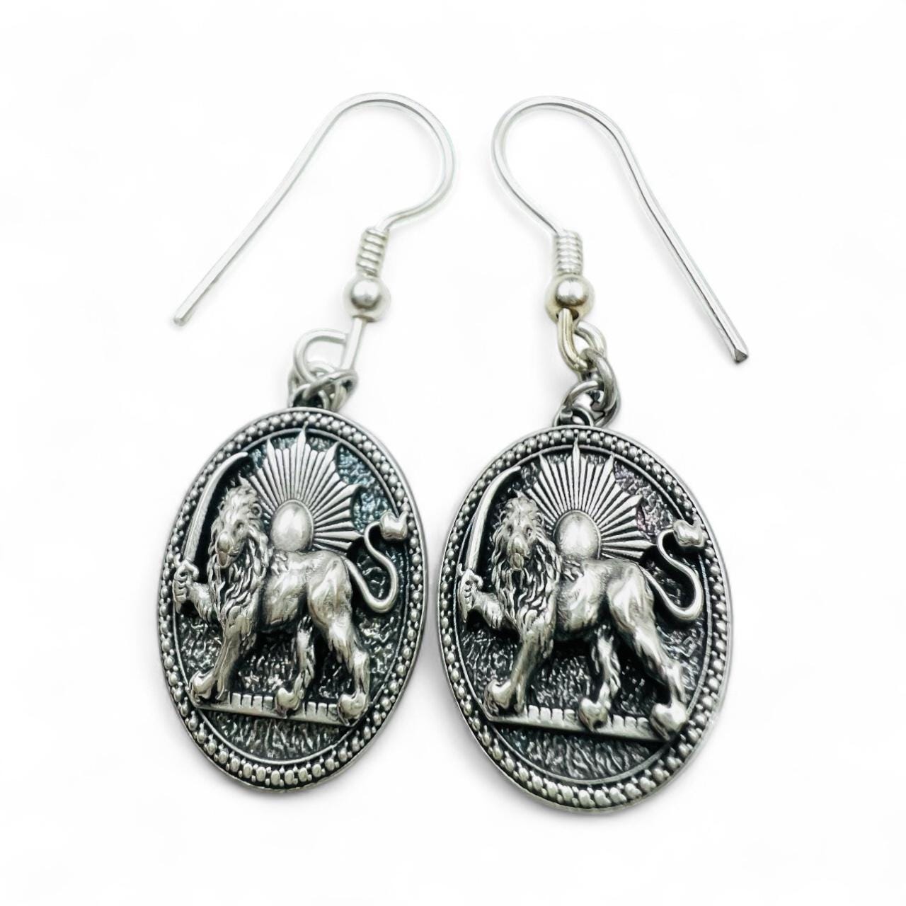 Sterling Silver Lion & Sun Earrings: Persian Pahlavi Jewelry, 925 Silver Ancient Symbol Dangle Gift