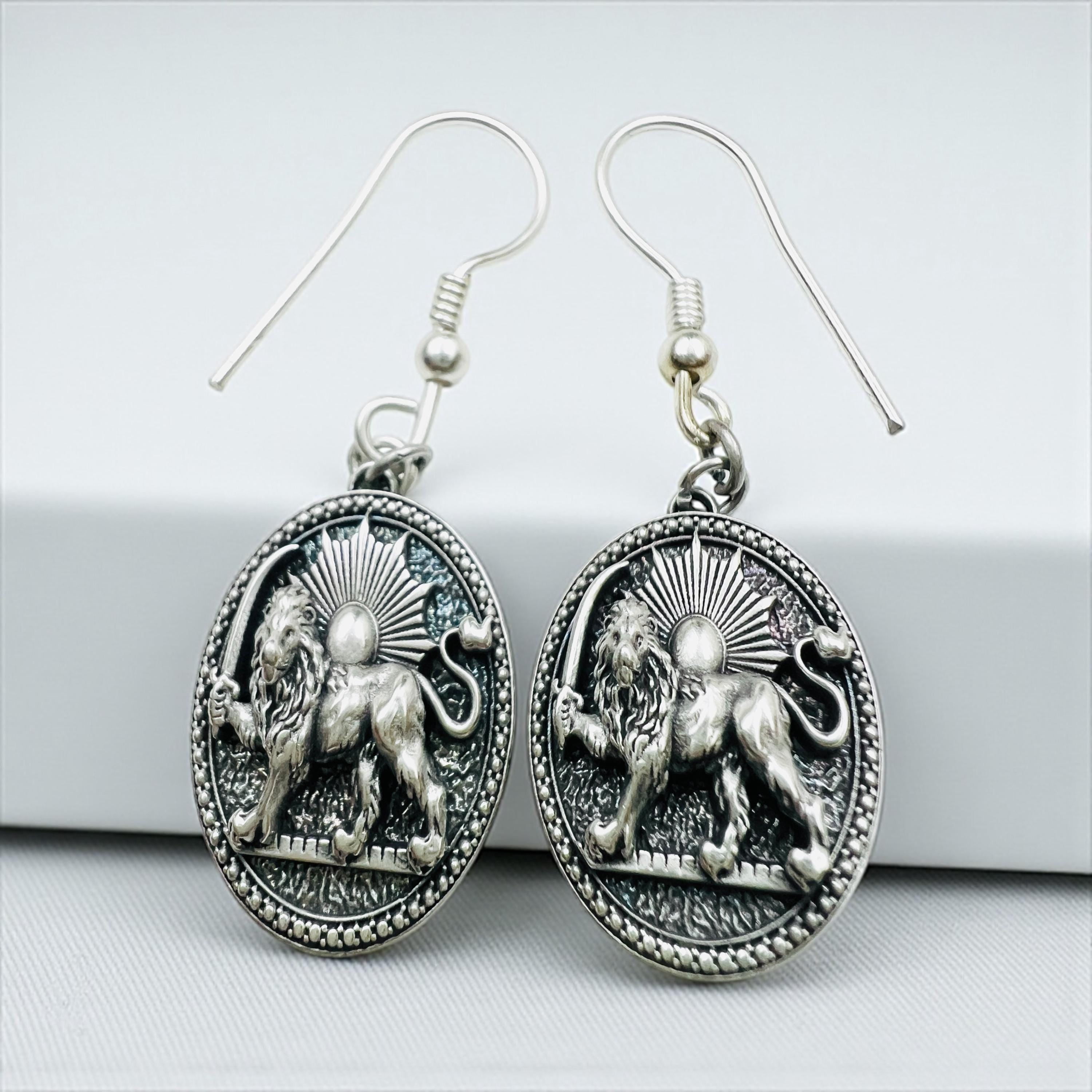 Sterling Silver Lion & Sun Earrings: Persian Pahlavi Jewelry, 925 Silver Ancient Symbol Dangle Gift