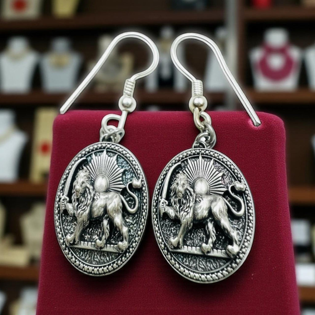 Sterling Silver Lion & Sun Earrings: Persian Pahlavi Jewelry, 925 Silver Ancient Symbol Dangle Gift
