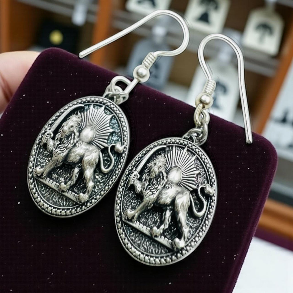 Sterling Silver Lion & Sun Earrings: Persian Pahlavi Jewelry, 925 Silver Ancient Symbol Dangle Gift