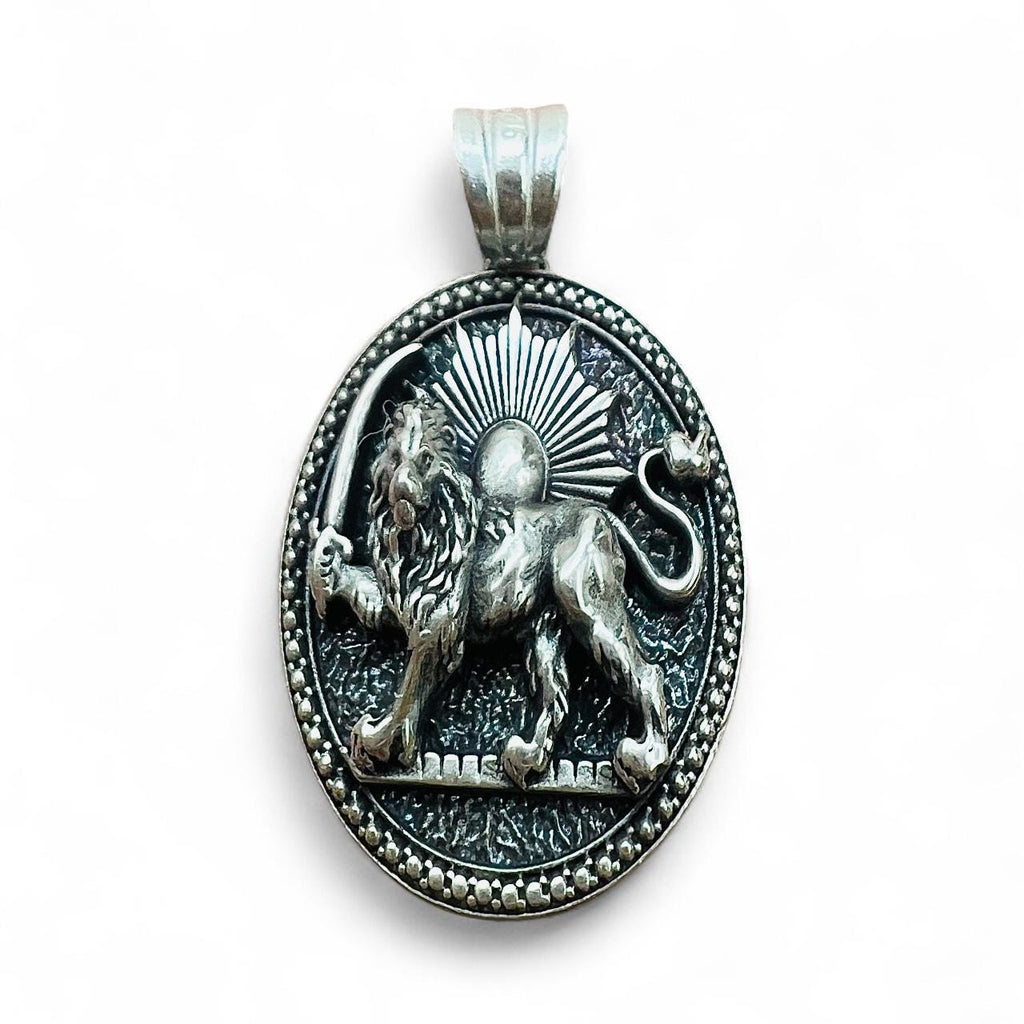 Sterling Silver Lion & Sun Pendant: Persian Mythology Necklace