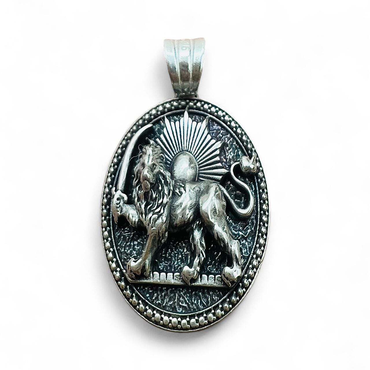 Sterling Silver Lion & Sun Pendant: Persian Mythology Necklace