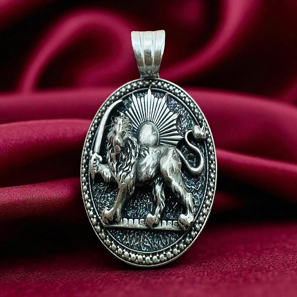 Sterling Silver Lion & Sun Pendant: Persian Mythology Necklace