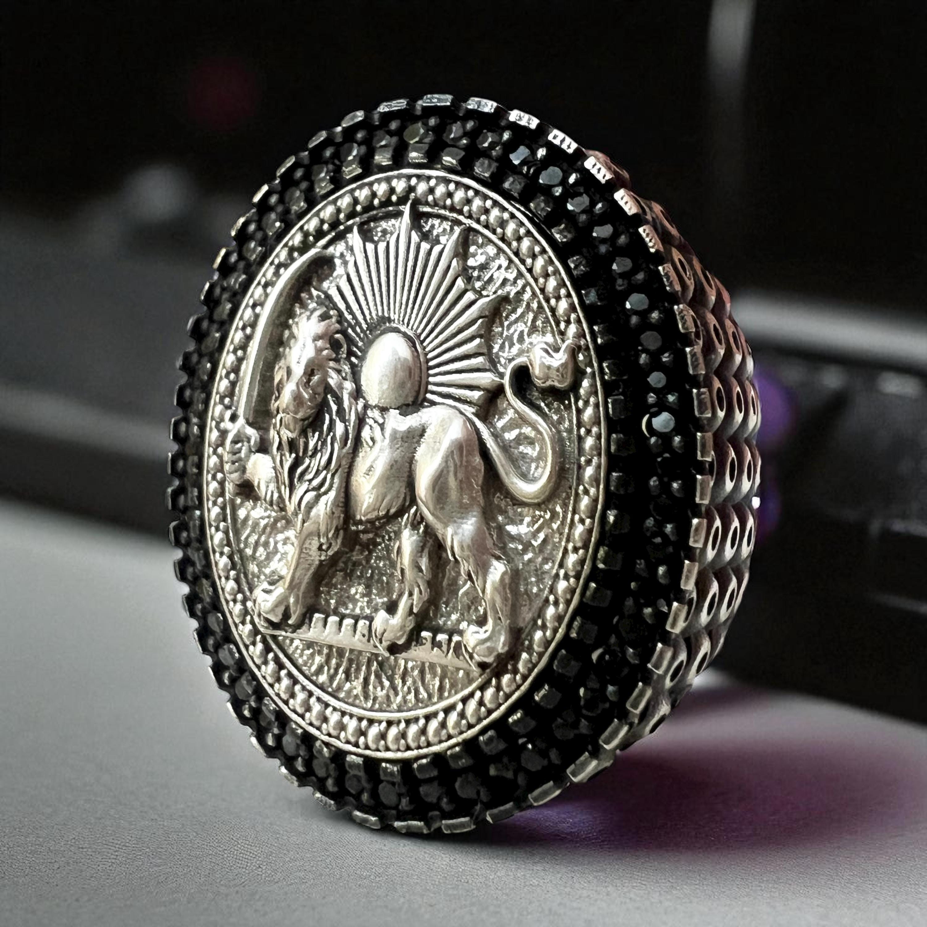 Pahlavi Lion & Sun 925 Silver Ring - Persian Coat of Arms,Middle East Farsi