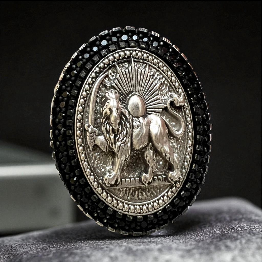 Pahlavi Lion & Sun 925 Silver Ring - Persian Coat of Arms,Middle East Farsi