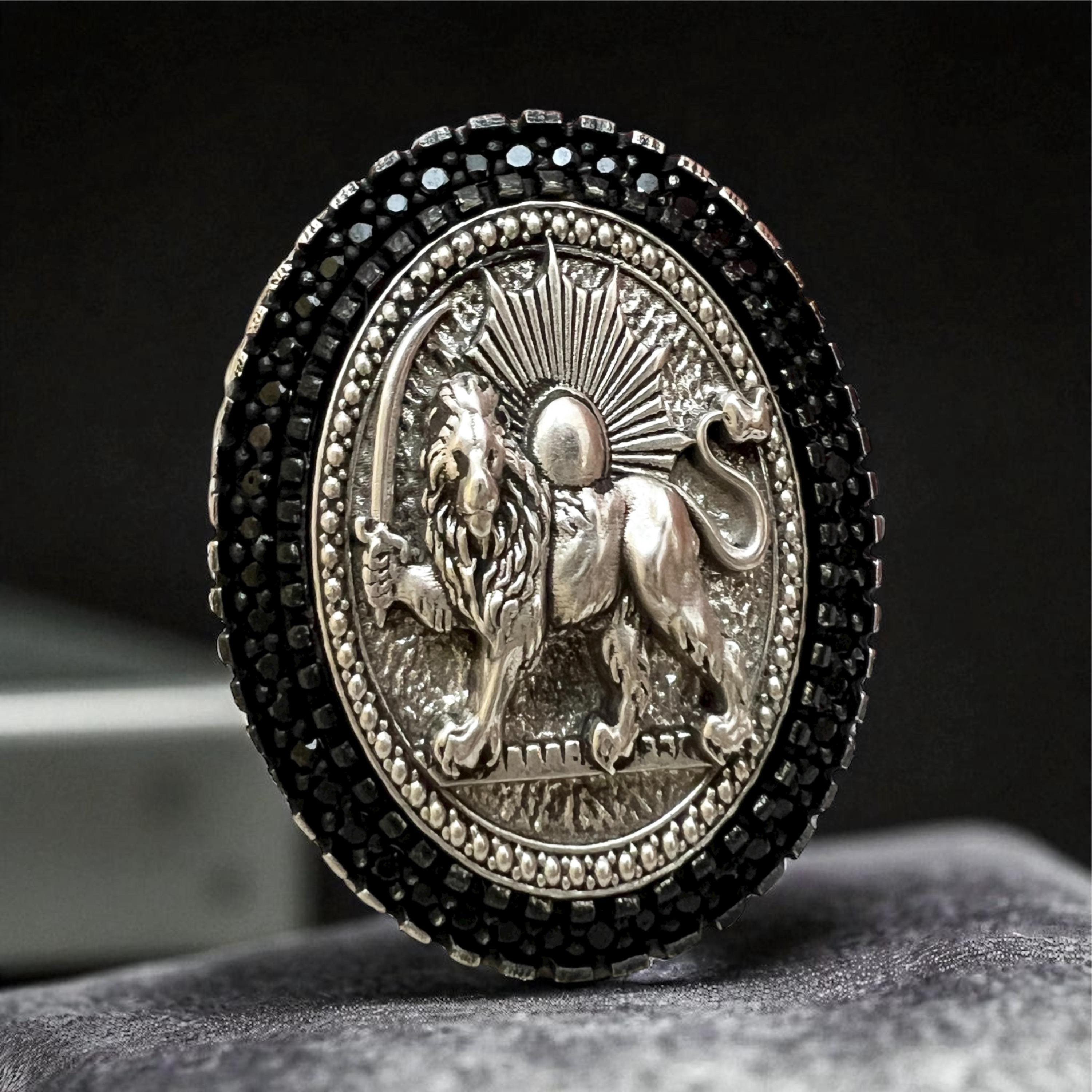 Pahlavi Lion & Sun 925 Silver Ring - Persian Coat of Arms,Middle East Farsi