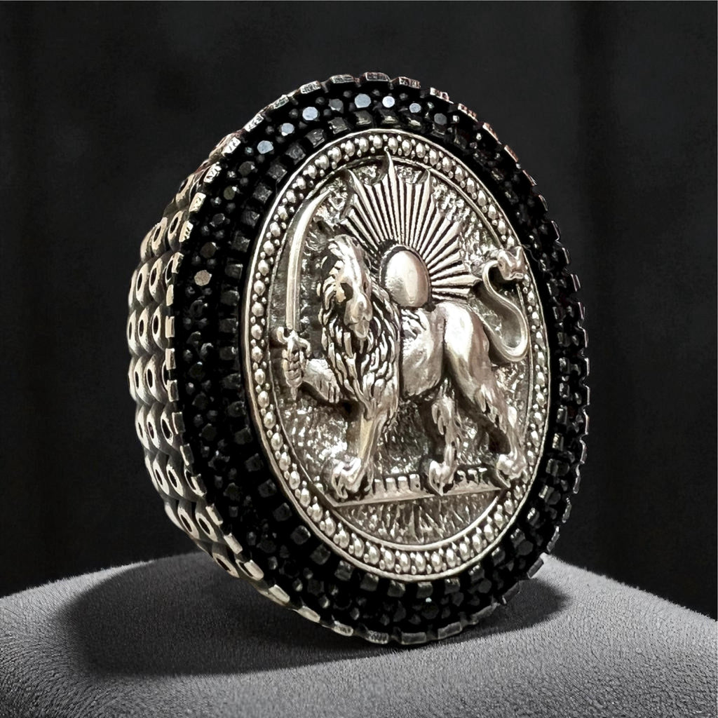 Pahlavi Lion & Sun 925 Silver Ring - Persian Coat of Arms,Middle East Farsi