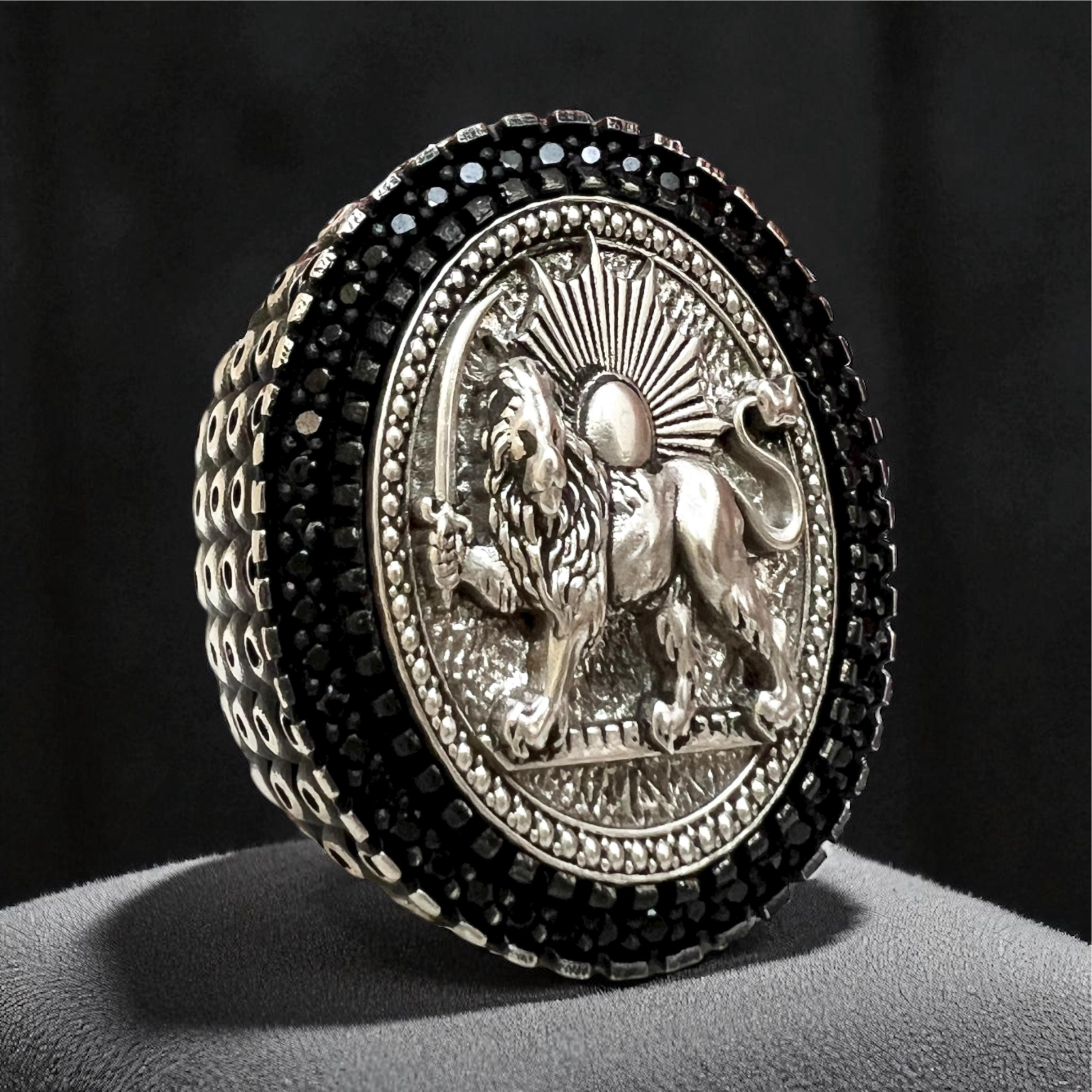 Pahlavi Lion & Sun 925 Silver Ring - Persian Coat of Arms,Middle East Farsi