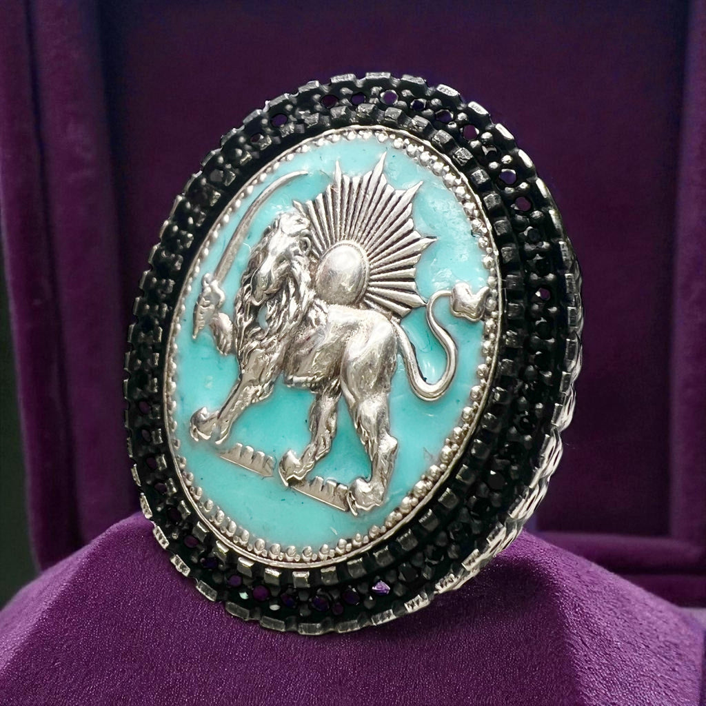 Turquoise Pahlavi Lion & Sun 925 Silver Ring - Persian Coat of Arms,Middle East Farsi,Made in Turkey