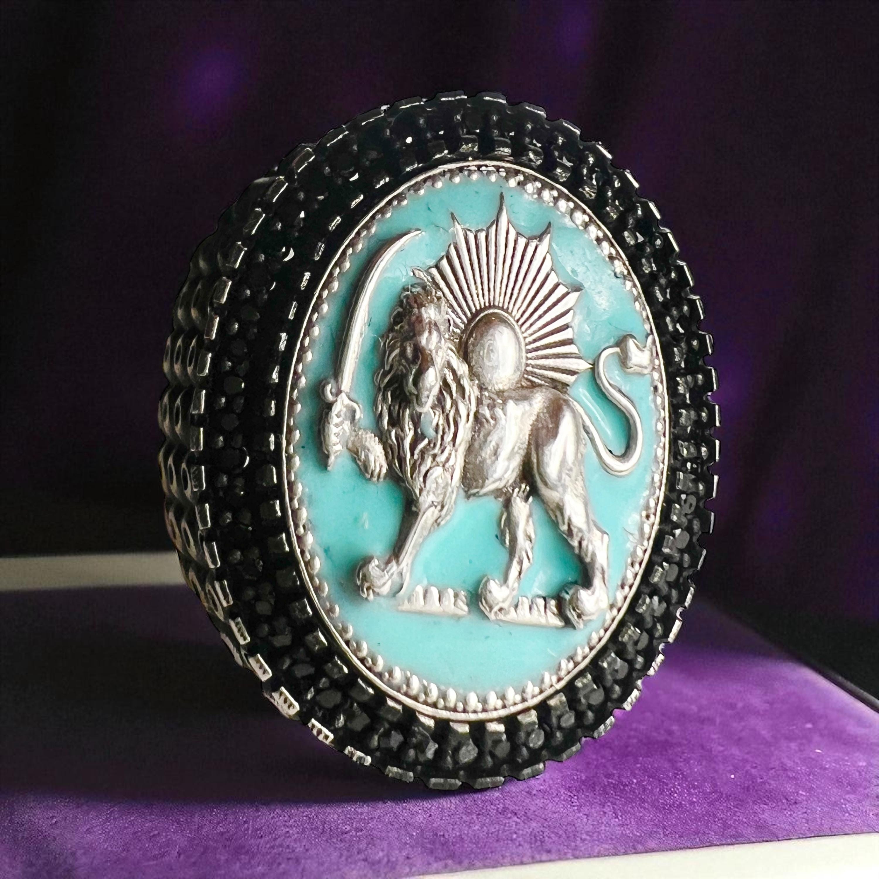 Turquoise Pahlavi Lion & Sun 925 Silver Ring - Persian Coat of Arms,Middle East Farsi,Made in Turkey