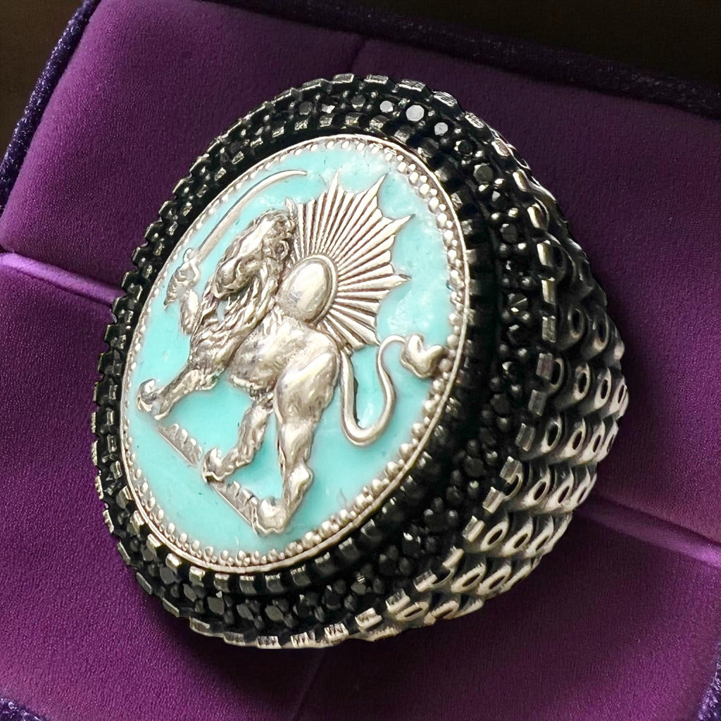 Turquoise Pahlavi Lion & Sun 925 Silver Ring - Persian Coat of Arms,Middle East Farsi,Made in Turkey