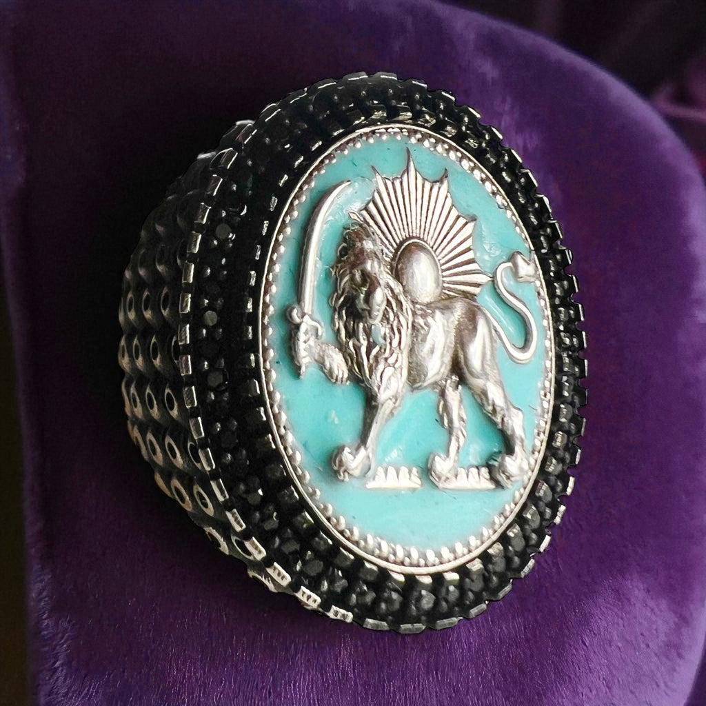 Turquoise Pahlavi Lion & Sun 925 Silver Ring - Persian Coat of Arms,Middle East Farsi,Made in Turkey
