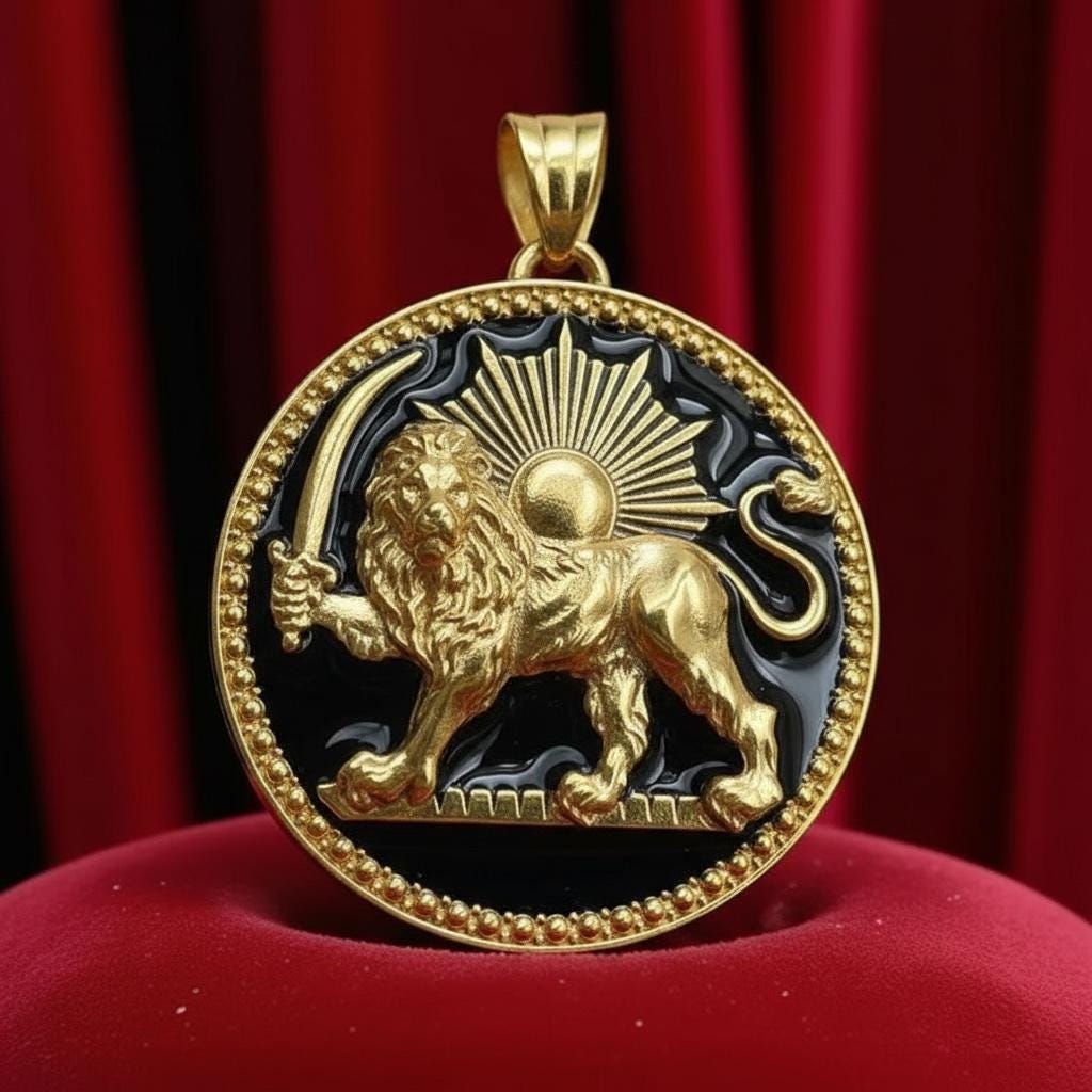 Gold Plated 4 Color Pahlavi Lion & Sun Persian Pendant: 925 Silver Persian Mythology Necklace