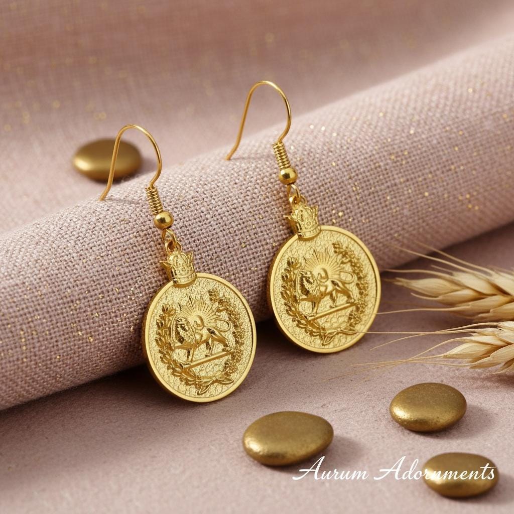 Imperial Lion & Sun Earrings: Persian Pahlavi Jewelry, 925 Silver Gold Plated Earrings,Persia,Made in Turkey