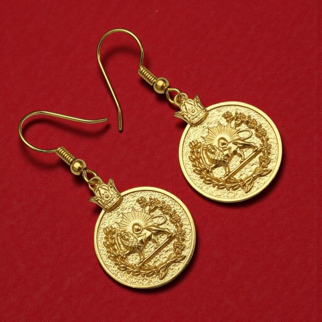 Imperial Lion & Sun Earrings: Persian Pahlavi Jewelry, 925 Silver Gold Plated Earrings,Persia,Made in Turkey