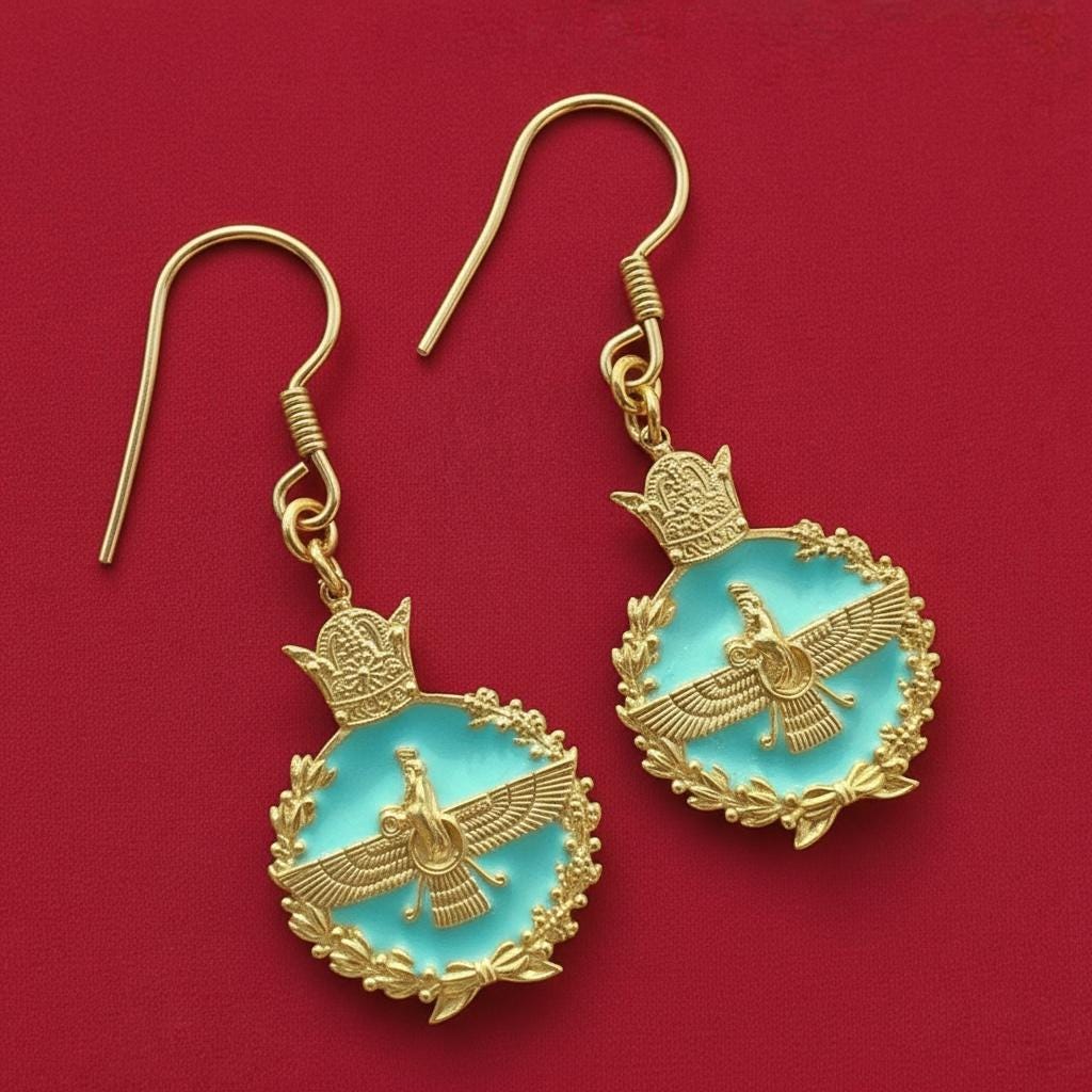 Imperial Persian Pahlavi 925 Silver Faravahar  Zoroastrian Achaemenid Crown Turquoise Earrings,Made in Turkey