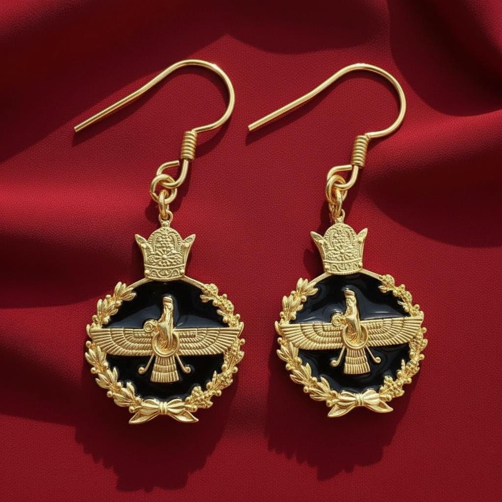 Imperial Persian Pahlavi 925 Silver Faravahar  Zoroastrian Achaemenid Crown Red ,Turquoise Earrings,Made in Turkey