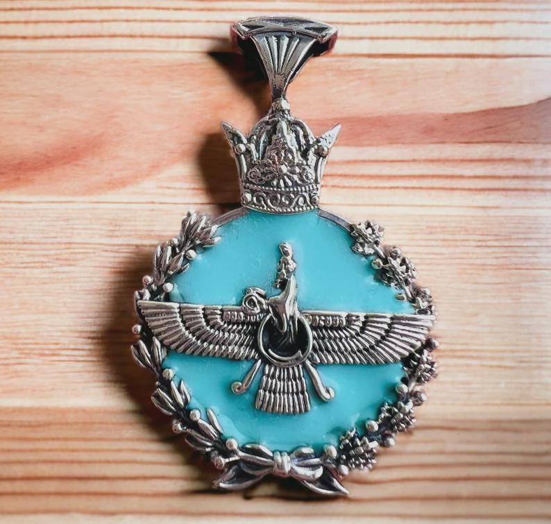 Turquoise Imperial Persian Persia Pahlavi 925 Silver  Faravahar Pendant: Zoroastrian Achaemenid Crown