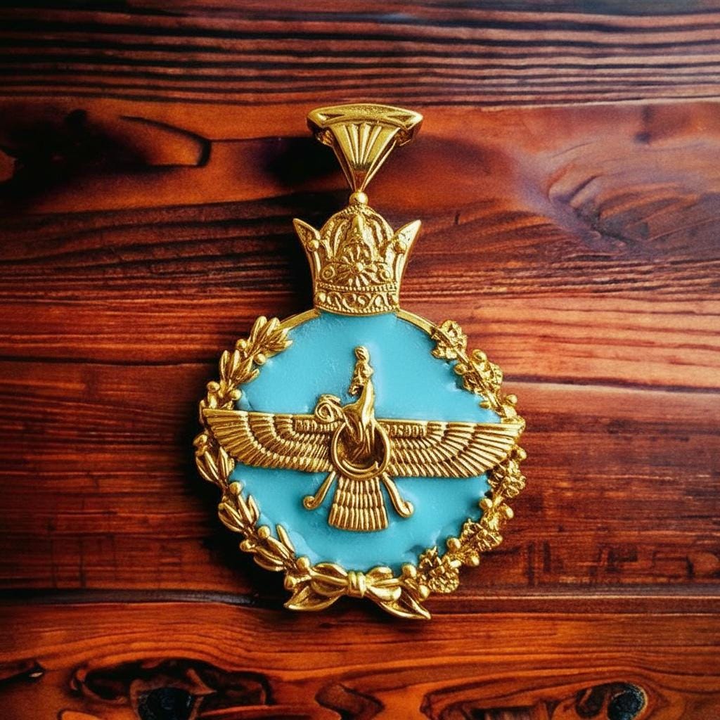 Turquoise Imperial Persian Persia Pahlavi 925 Silver  Faravahar Pendant: Zoroastrian Achaemenid Crown