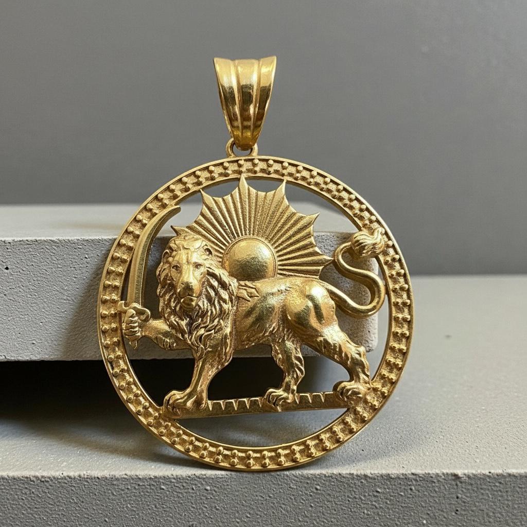 22k Gold Plated Imperial Lion & Sun Pendant Persian Persia Pahlavi Necklace