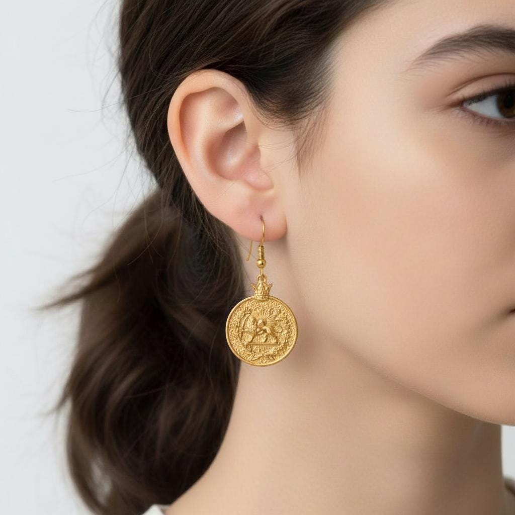 Imperial Lion & Sun Earrings: Persian Pahlavi Jewelry, 925 Silver Gold Plated Earrings,Persia,Made in Turkey