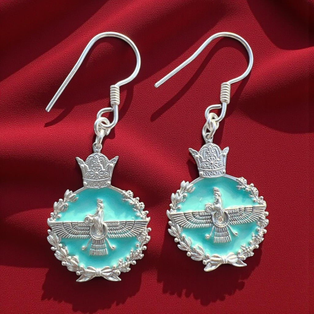Imperial Persian Pahlavi 925 Silver Faravahar  Zoroastrian Achaemenid Crown Turquoise Earrings,Made in Turkey
