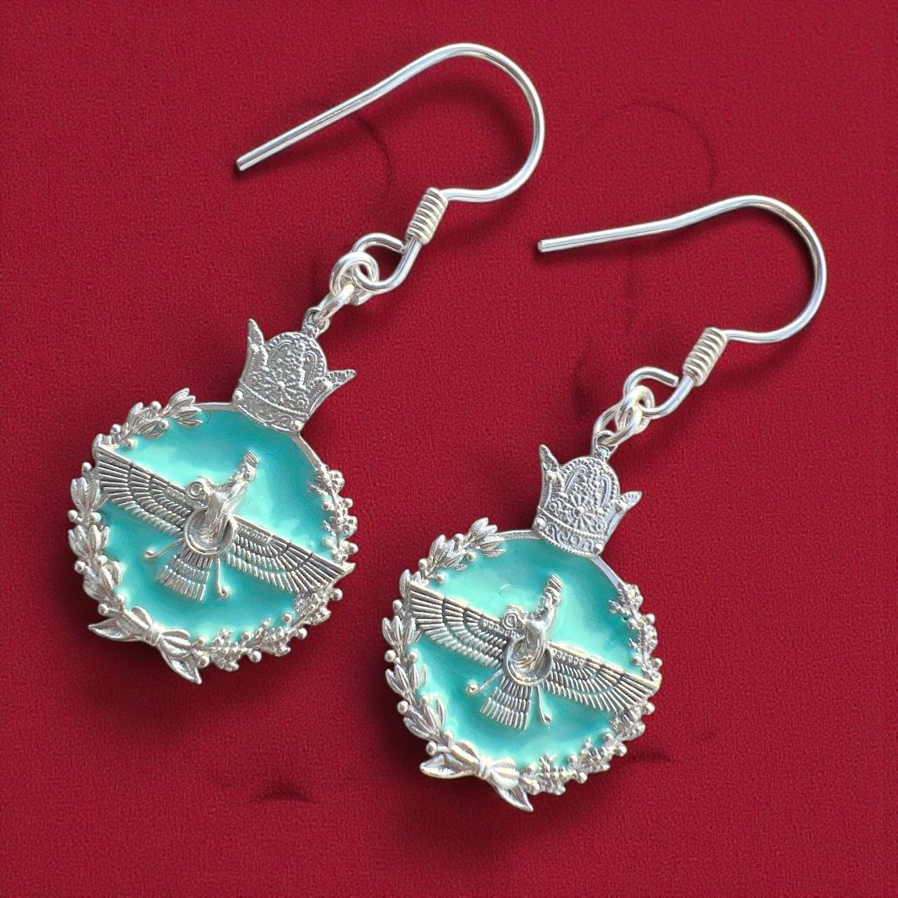 Imperial Persian Pahlavi 925 Silver Faravahar  Zoroastrian Achaemenid Crown Turquoise Earrings,Made in Turkey
