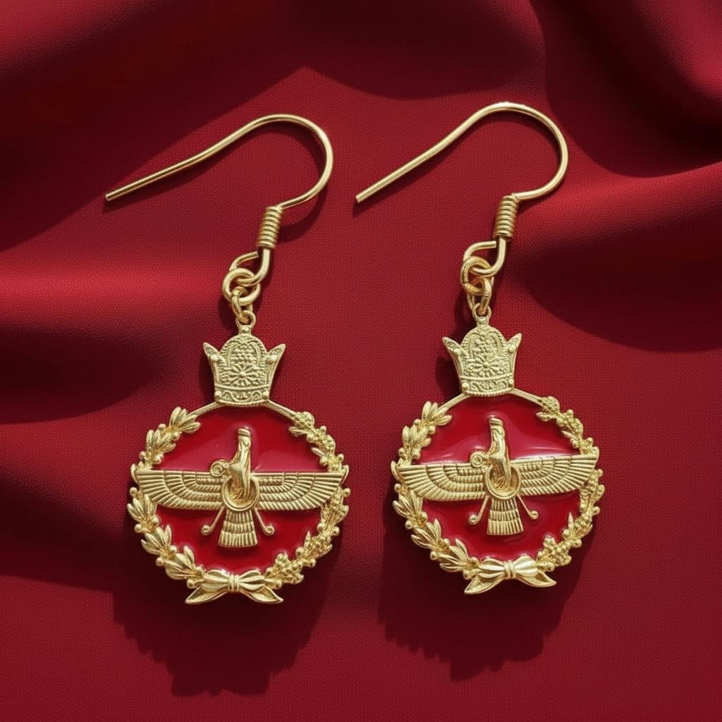 Imperial Persian Pahlavi 925 Silver Faravahar  Zoroastrian Achaemenid Crown Red ,Turquoise Earrings,Made in Turkey