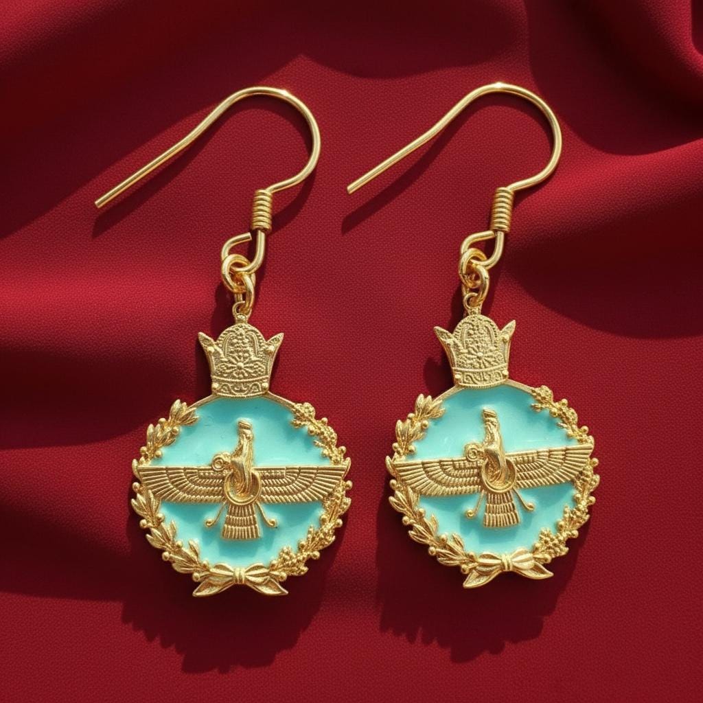 Imperial Persian Pahlavi 925 Silver Faravahar  Zoroastrian Achaemenid Crown Red ,Turquoise Earrings,Made in Turkey