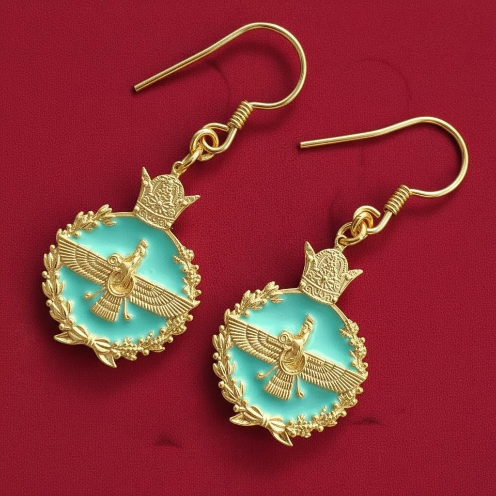 Imperial Persian Pahlavi 925 Silver Faravahar  Zoroastrian Achaemenid Crown Red ,Turquoise Earrings,Made in Turkey