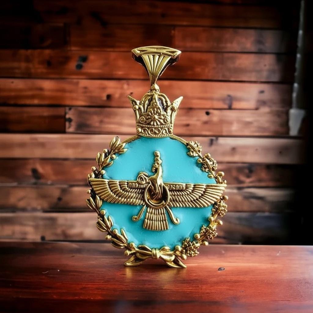 Turquoise Imperial Persian Persia Pahlavi 925 Silver  Faravahar Pendant: Zoroastrian Achaemenid Crown