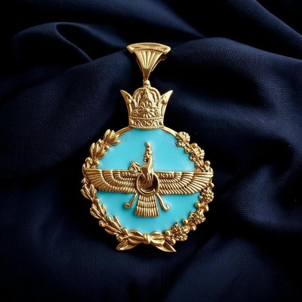 Turquoise Imperial Persian Persia Pahlavi 925 Silver  Faravahar Pendant: Zoroastrian Achaemenid Crown
