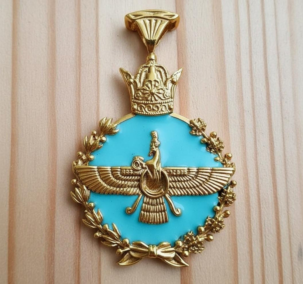 Turquoise Imperial Persian Persia Pahlavi 925 Silver  Faravahar Pendant: Zoroastrian Achaemenid Crown