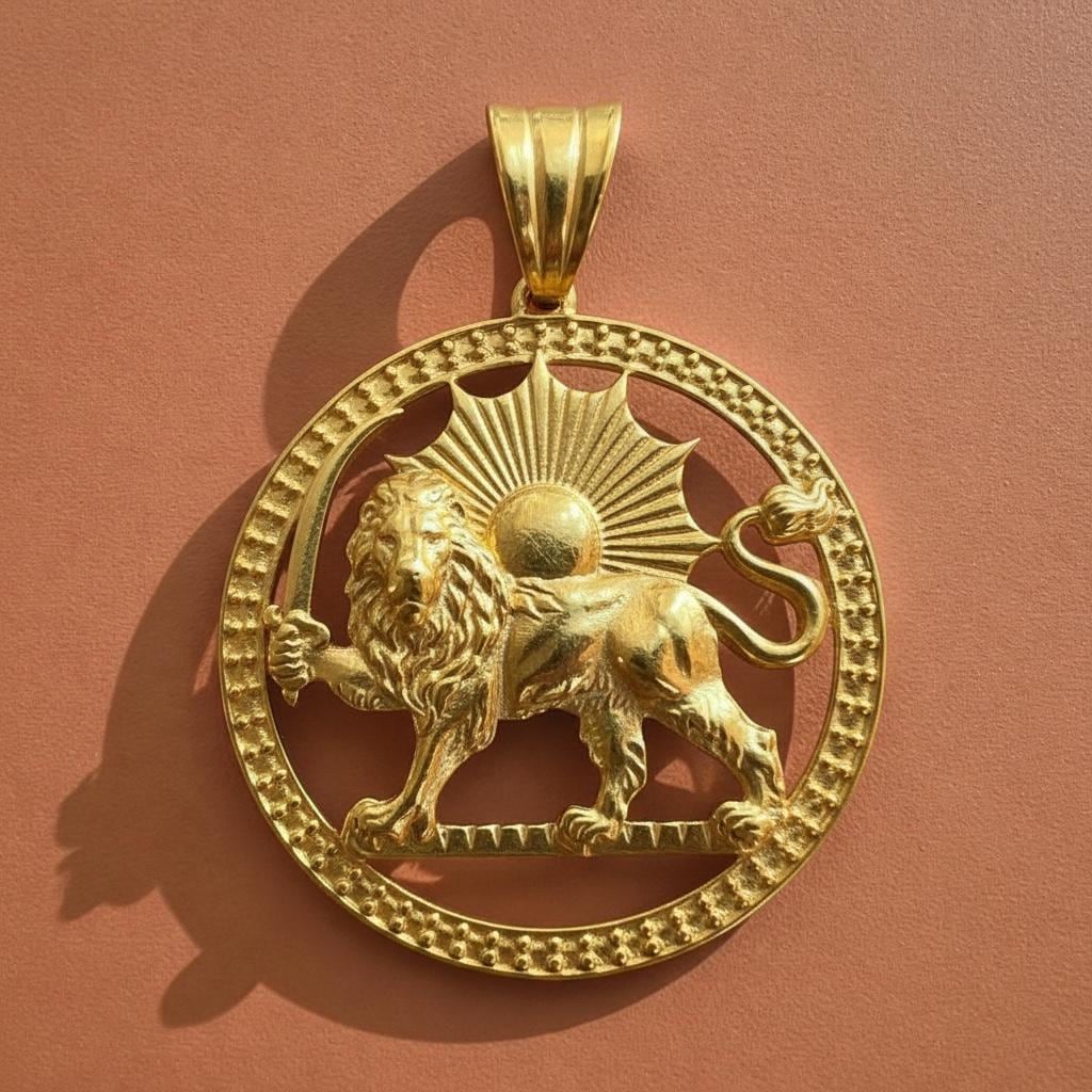 22k Gold Plated Imperial Lion & Sun Pendant Persian Persia Pahlavi Necklace