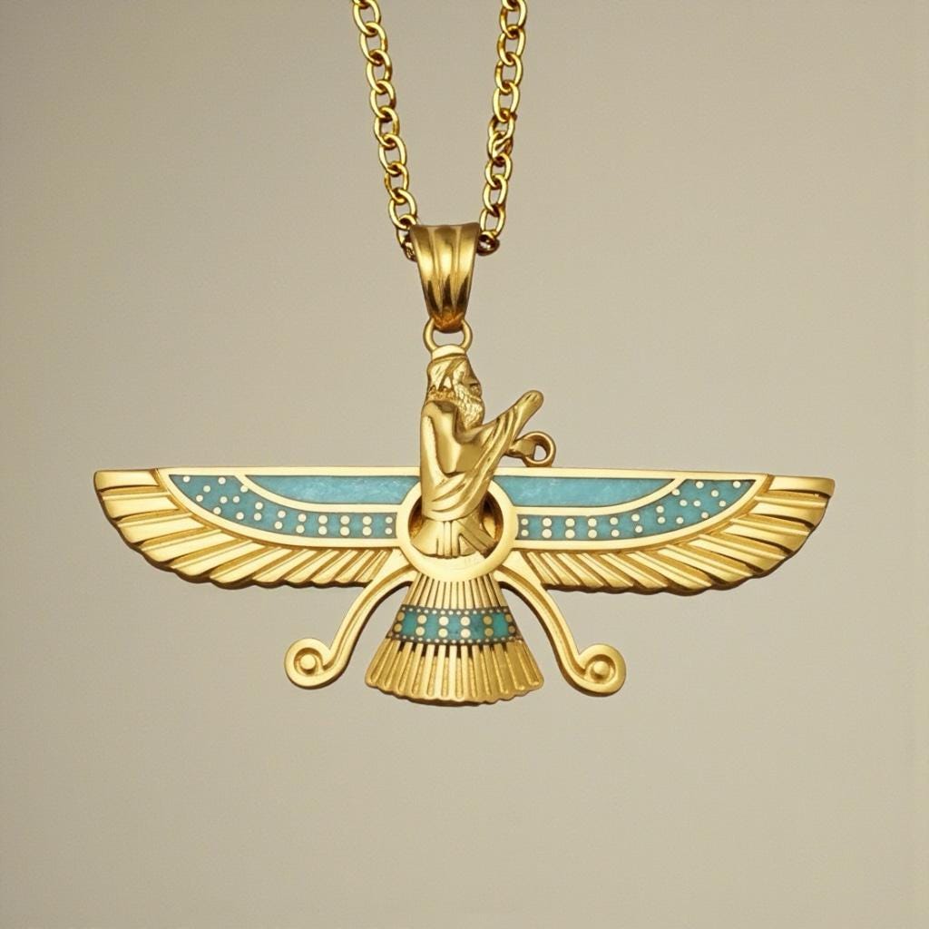 22K Gold Plated Farvahar Turquoise Pendant 925 Silver Necklace Ancient Persian Farsi Zoroastrian MiddleEast