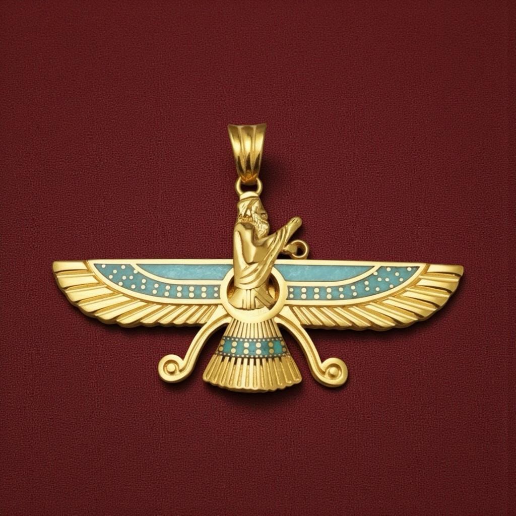22K Gold Plated Farvahar Turquoise Pendant 925 Silver Necklace Ancient Persian Farsi Zoroastrian MiddleEast