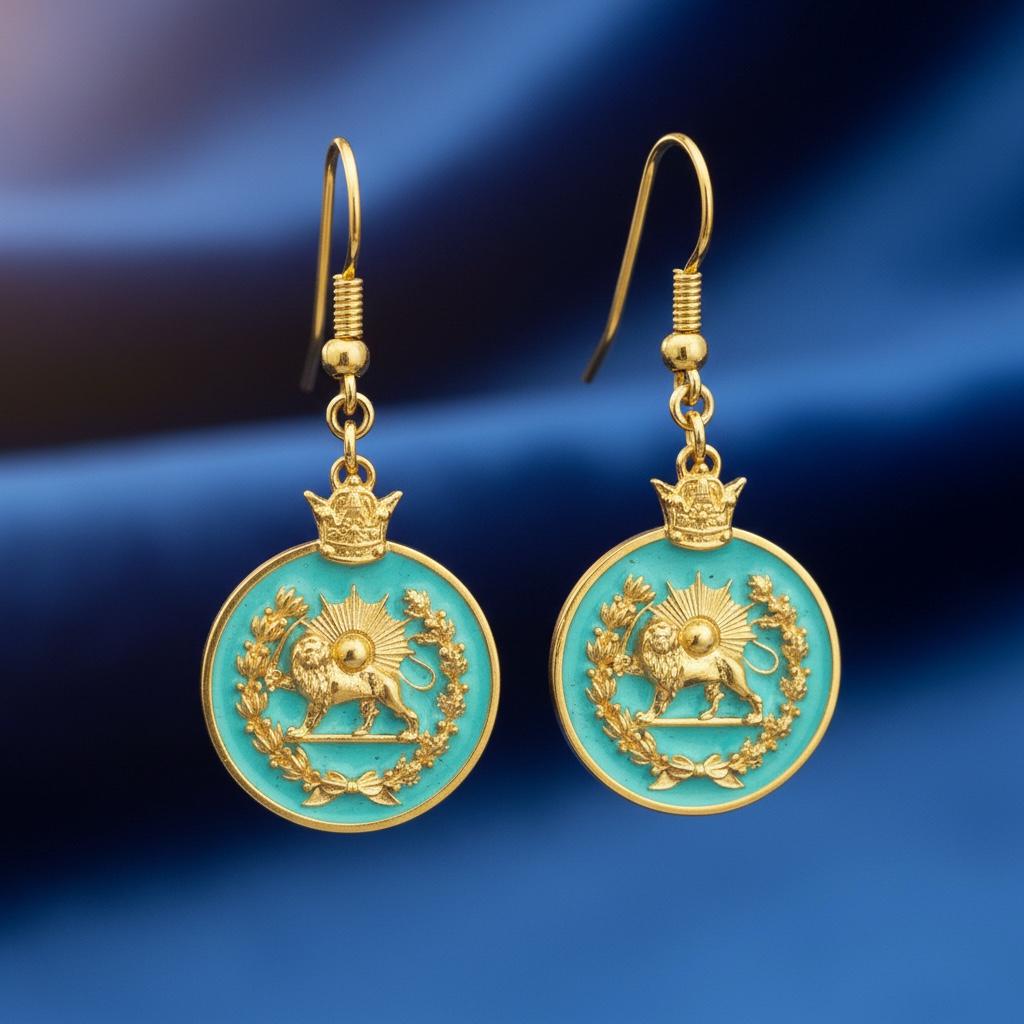 Turquoise Imperial Lion & Sun Earrings: Persian Pahlavi Jewelry, 925 Silver Gold Plated Earrings,Persia
