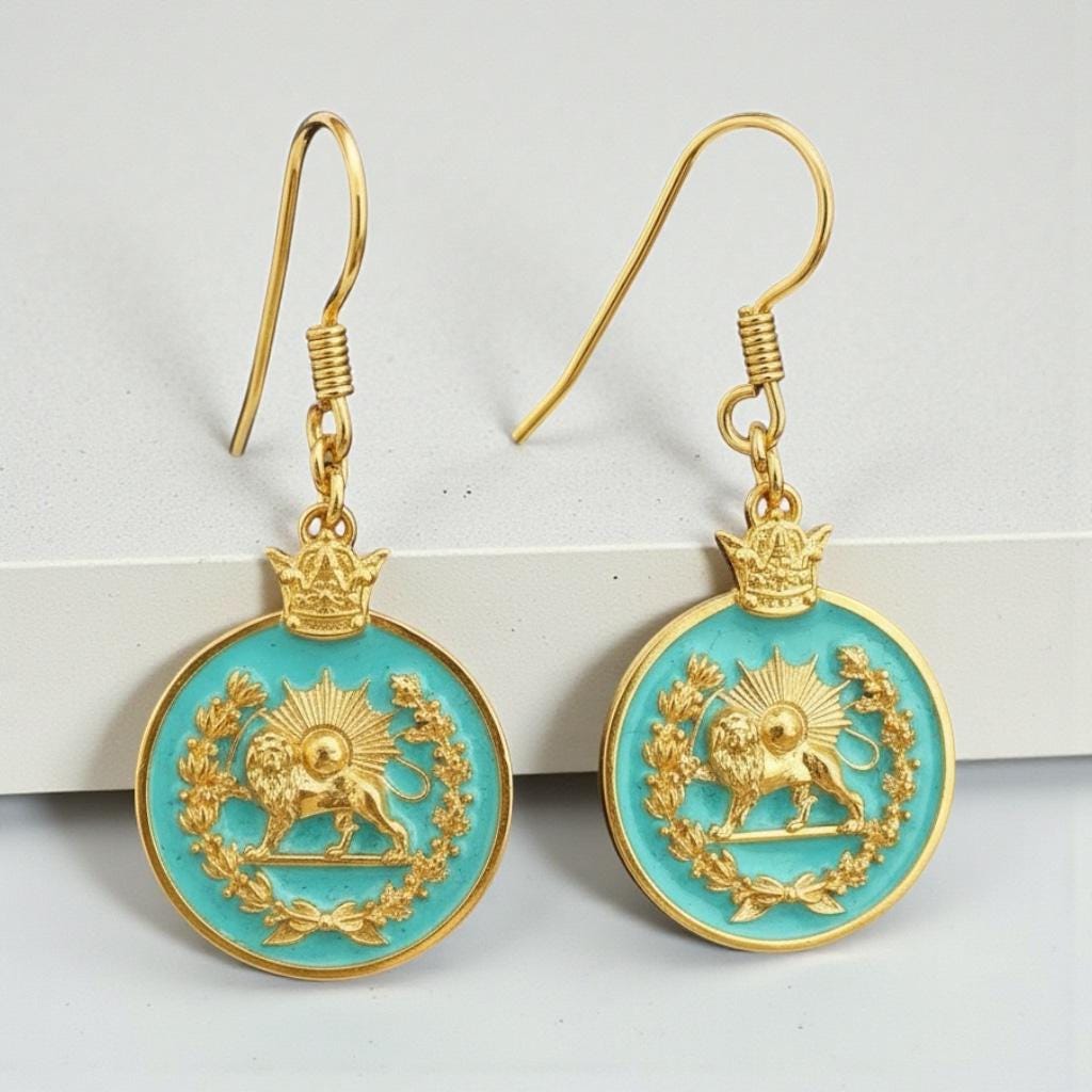 Turquoise Imperial Lion & Sun Earrings: Persian Pahlavi Jewelry, 925 Silver Gold Plated Earrings,Persia