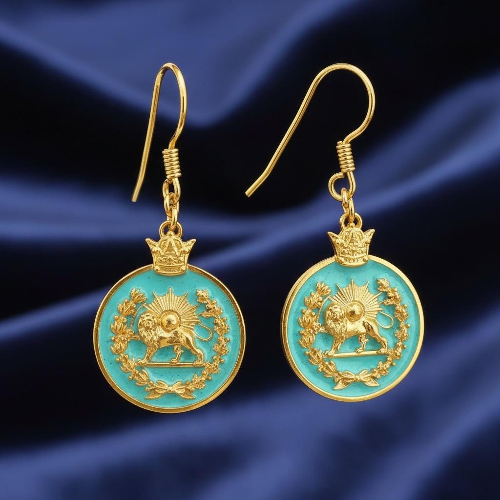 Turquoise Imperial Lion & Sun Earrings: Persian Pahlavi Jewelry, 925 Silver Gold Plated Earrings,Persia