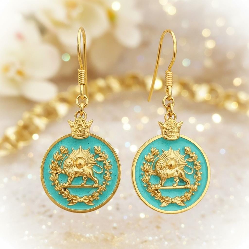 Turquoise Imperial Lion & Sun Earrings: Persian Pahlavi Jewelry, 925 Silver Gold Plated Earrings,Persia