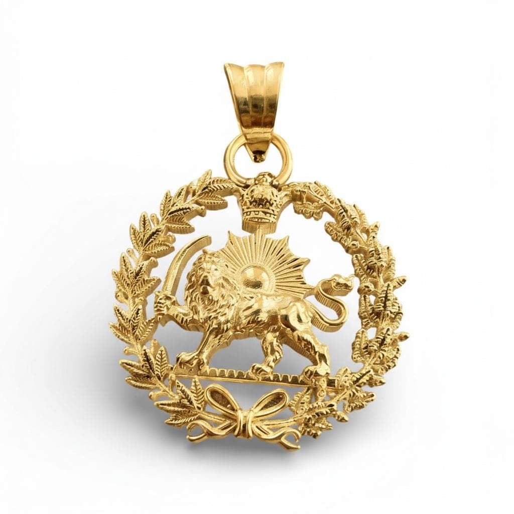22k Gold Plaited Imperial Pahlavi Lion & Sun Pendant: 925 Silver Farvahar Necklace Persia Persian