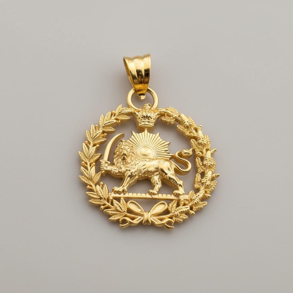22k Gold Plaited Imperial Pahlavi Lion & Sun Pendant: 925 Silver Farvahar Necklace Persia Persian
