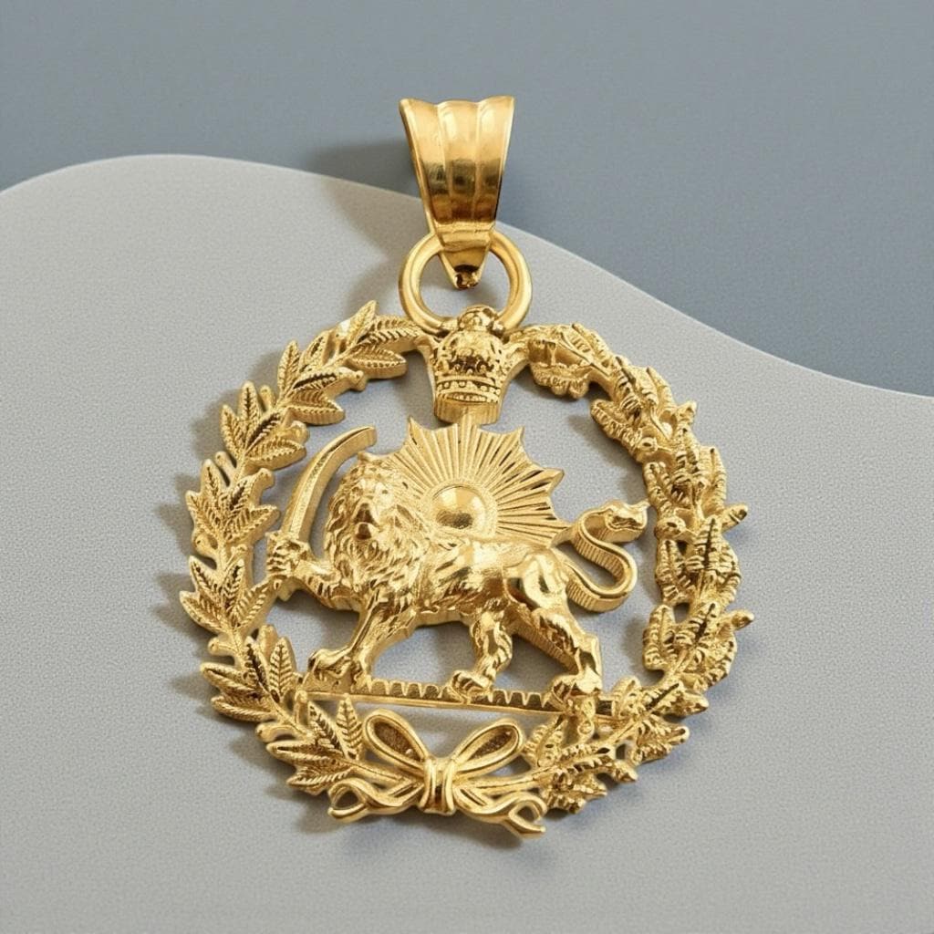 22k Gold Plaited Imperial Pahlavi Lion & Sun Pendant: 925 Silver Farvahar Necklace Persia Persian