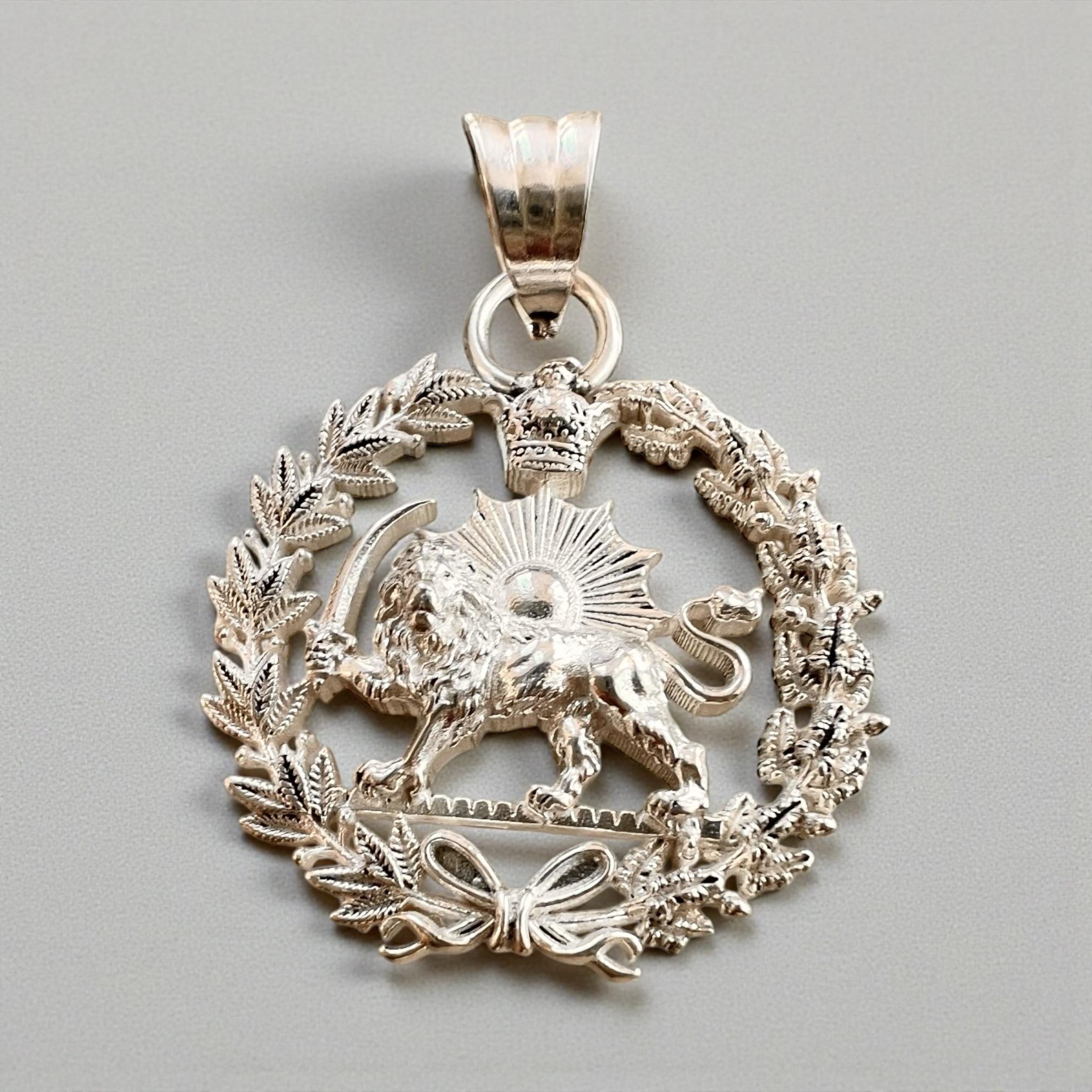 22k Gold Plaited Imperial Pahlavi Lion & Sun Pendant: 925 Silver Farvahar Necklace Persia Persian